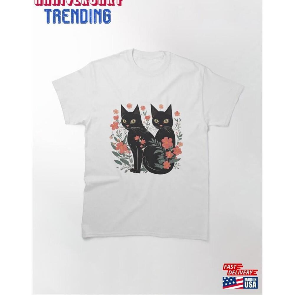 Kitty Black With Flowers Classic Tshirt